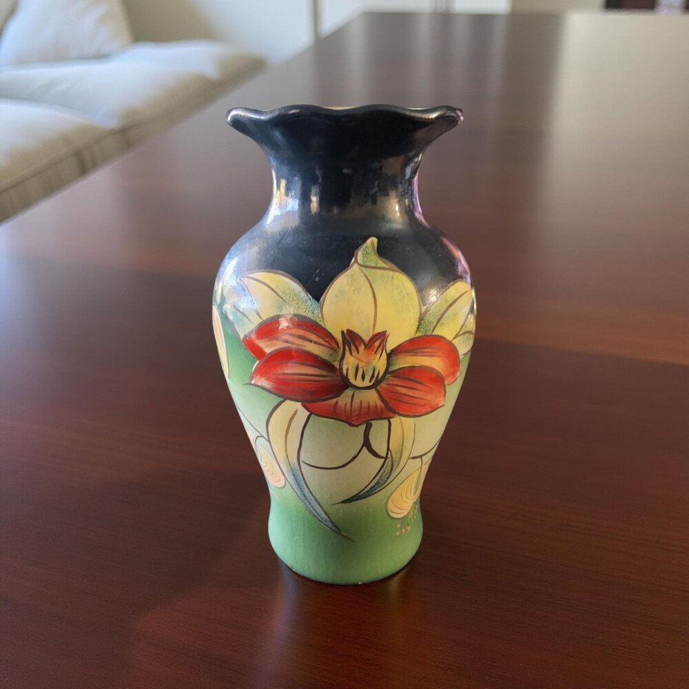 Vintage Hand - Painted Orchid Floral Clay Art Nouveau Vase